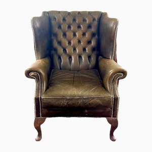 Chesterfield Wing Chair in Green Brown Leather-BXG-2028923