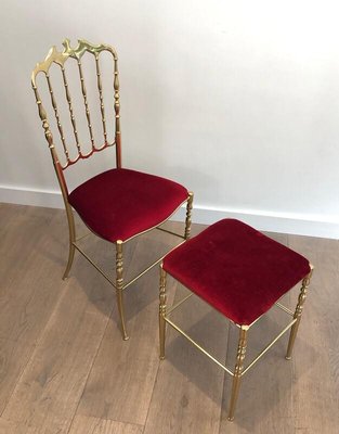 Chiavari Brass Chair and Stool, France, 1970s, Set of 2-BA-839299