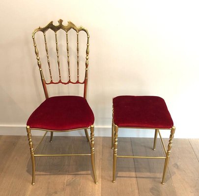 Chiavari Brass Chair and Stool, France, 1970s, Set of 2-BA-839299