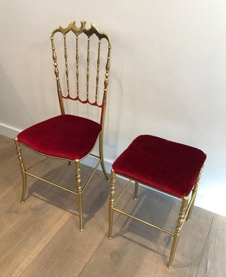 Chiavari Brass Chair and Stool, France, 1970s, Set of 2-BA-839299