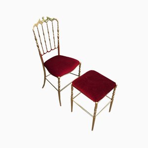 Chiavari Brass Chair and Stool, France, 1970s, Set of 2-BA-839299