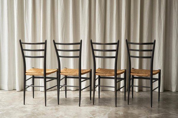 Chiavari Chairs in Ebonized Wood and Straw by Gio Ponti for Fratelli Spinetto, Italy, 1940s, Set of 4-FEW-2042351