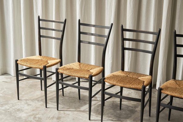 Chiavari Chairs in Ebonized Wood and Straw by Gio Ponti for Fratelli Spinetto, Italy, 1940s, Set of 4-FEW-2042351