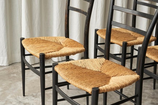 Chiavari Chairs in Ebonized Wood and Straw by Gio Ponti for Fratelli Spinetto, Italy, 1940s, Set of 4-FEW-2042351