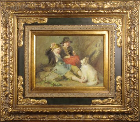 Children With Dog - Signed Oil Painting in Prunkrahmen-VAP-955188