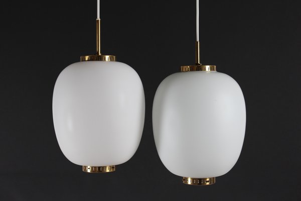 China Pendant Lights in Opaline Glass and Brass by Bent Karlby for Lyfa, 1960s, Set of 2-QQ-1796472