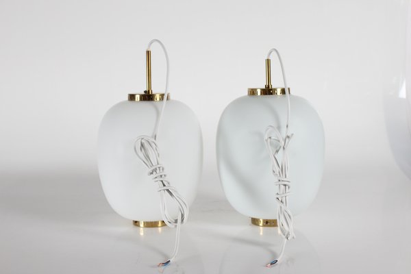 China Pendant Lights in Opaline Glass and Brass by Bent Karlby for Lyfa, 1960s, Set of 2-QQ-1796472