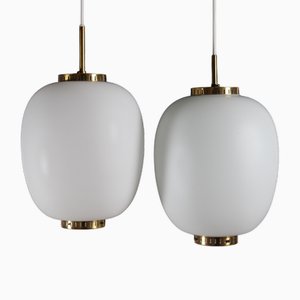 China Pendant Lights in Opaline Glass and Brass by Bent Karlby for Lyfa, 1960s, Set of 2-QQ-1796472