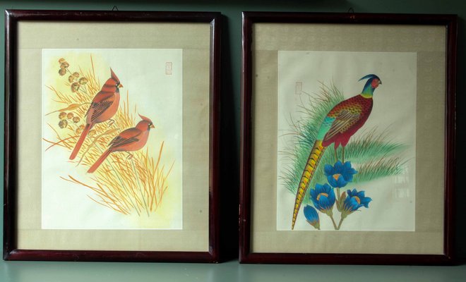 Chinese Artist, Birds, 1910s, Paintings on Rice Paper, Framed, Set of 2-ZA-1378529