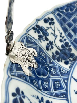 Chinese Blue and White Kraak Kangxi Porcelain Plate with Silver Bracket, 1700-UCH-1224347