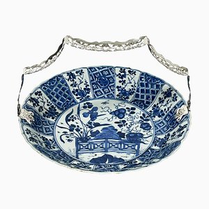 Chinese Blue and White Kraak Kangxi Porcelain Plate with Silver Bracket, 1700-UCH-1224347