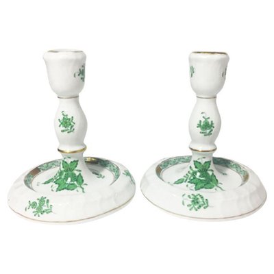 Chinese Bouquet Apponyi Green Porcelain Candleholders from Herend Hungary, Set of 2-UCH-1224522