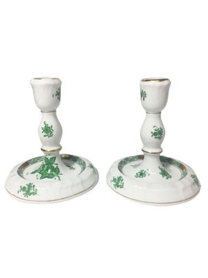 Chinese Bouquet Apponyi Green Porcelain Candleholders from Herend Hungary, Set of 2-UCH-1224522