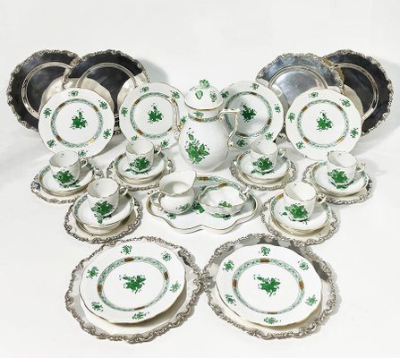 Chinese Bouquet Apponyi Green Porcelain Coffee Set with Silver from Herend Hungary, Set of 28-UCH-1224395