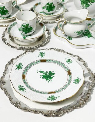 Chinese Bouquet Apponyi Green Porcelain Coffee Set with Silver from Herend Hungary, Set of 28-UCH-1224395