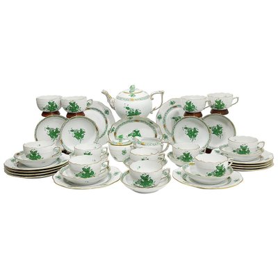 Chinese Bouquet Apponyi Green Porcelain Tea Set for 12 Persons from Herend Hungary, Set of 40-UCH-1224865