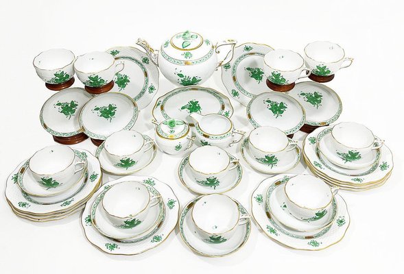 Chinese Bouquet Apponyi Green Porcelain Tea Set for 12 Persons from Herend Hungary, Set of 40-UCH-1224865