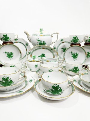 Chinese Bouquet Apponyi Green Porcelain Tea Set for 12 Persons from Herend Hungary, Set of 40-UCH-1224865