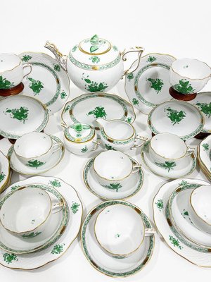 Chinese Bouquet Apponyi Green Porcelain Tea Set for 12 Persons from Herend Hungary, Set of 40-UCH-1224865