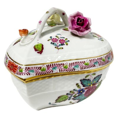 Chinese Bouquet Apponyi Multi-Colored Porcelain Heart Shaped Bonbonniere from Herend-UCH-1224536