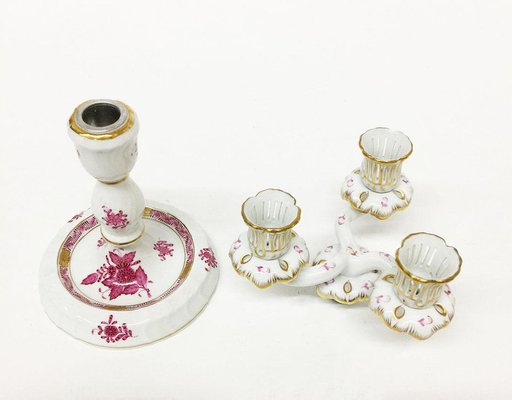 Chinese Bouquet Raspberry Porcelain Candleholders from Herend Hungary, Set of 4-UCH-1224474