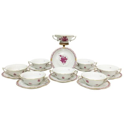 Chinese Bouquet Raspberry Porcelain Cream Soup Cups and Stands from Herend, Set of 16-UCH-1224481