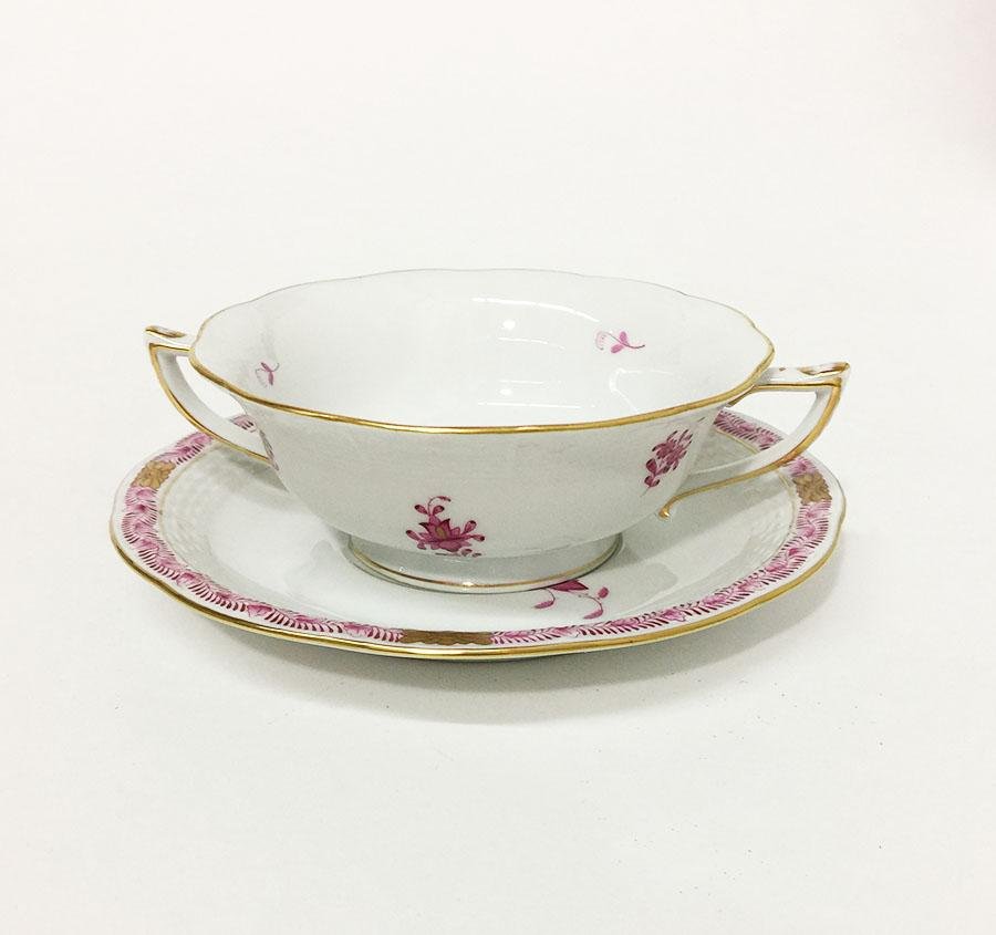 Chinese Bouquet Raspberry Porcelain Cream Soup Cups and Stands from Herend, Set of 16