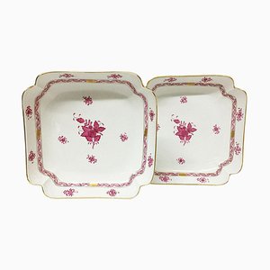 Chinese Bouquet Raspberry Porcelain Square Salad Dishes from Herend Hungary, Set of 2-UCH-1224478