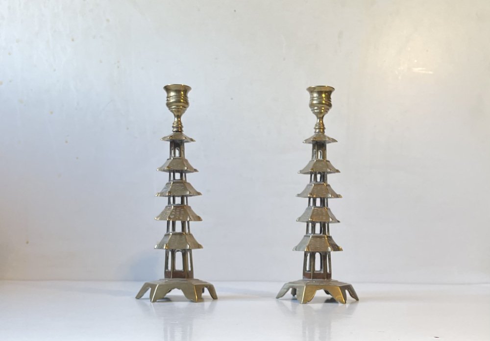 Chinese Brass Pagoda Candleholders, Set of 2