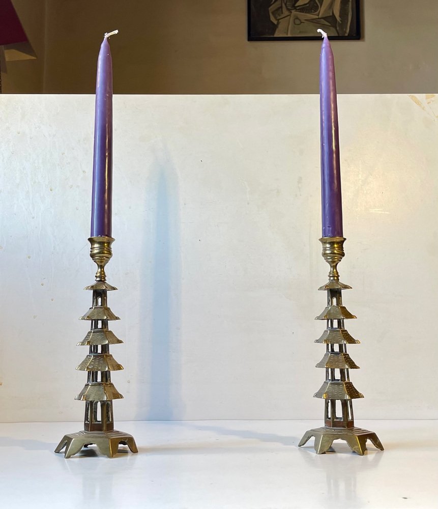 Chinese Brass Pagoda Candleholders, Set of 2