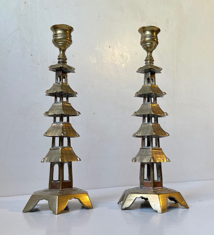 Chinese Brass Pagoda Candleholders, Set of 2