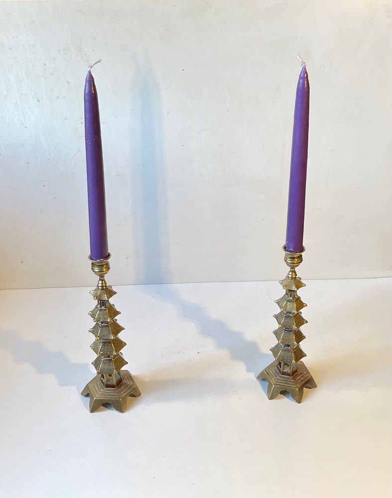 Chinese Brass Pagoda Candleholders, Set of 2