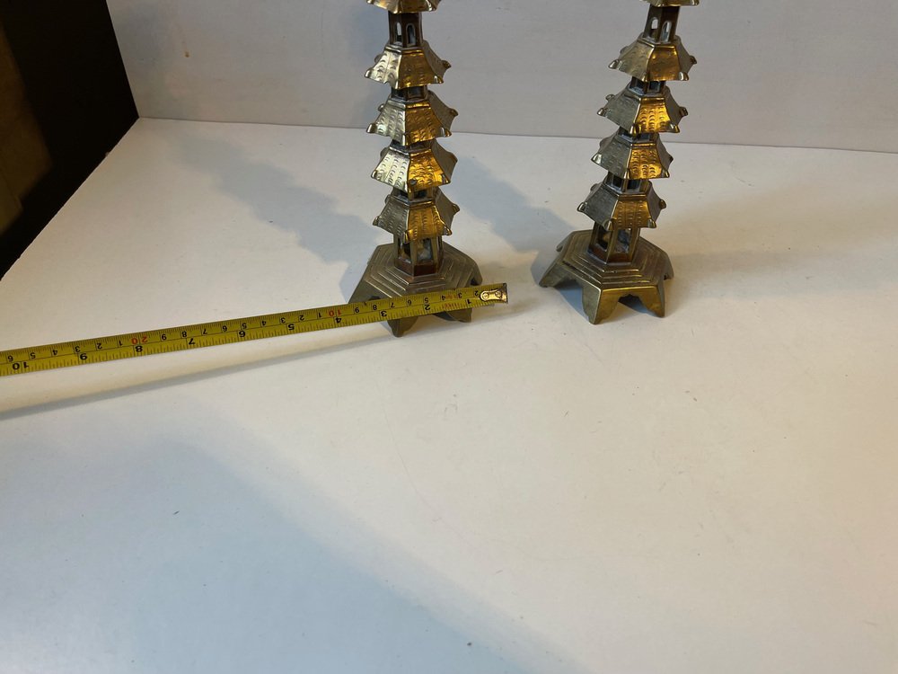 Chinese Brass Pagoda Candleholders, Set of 2