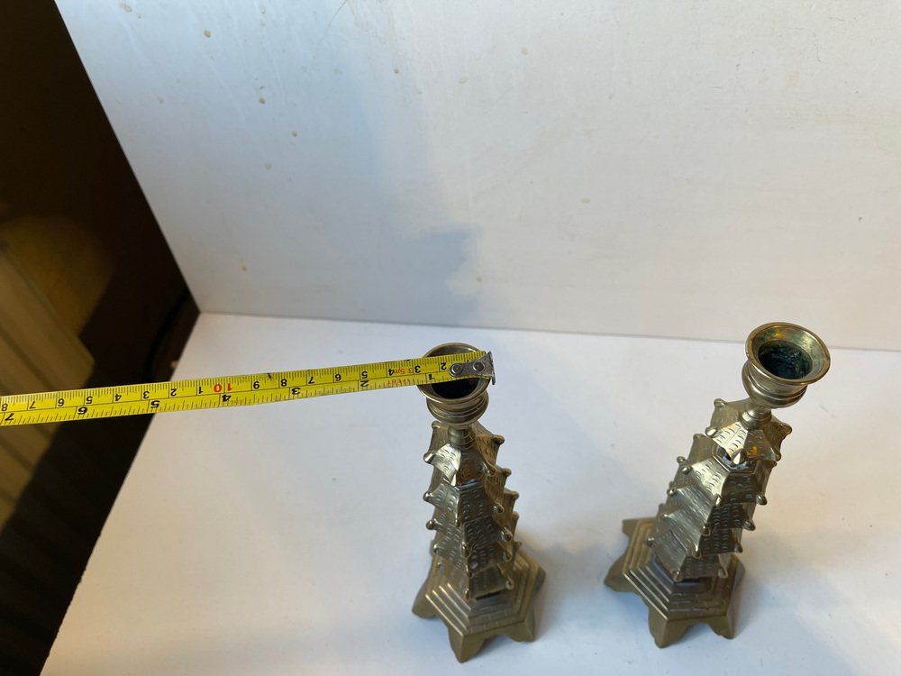 Chinese Brass Pagoda Candleholders, Set of 2