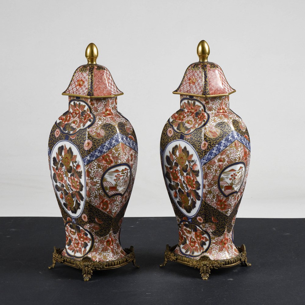 Chinese Ceramic Potiche Vases with Metal Bases, 1990, Set of 2