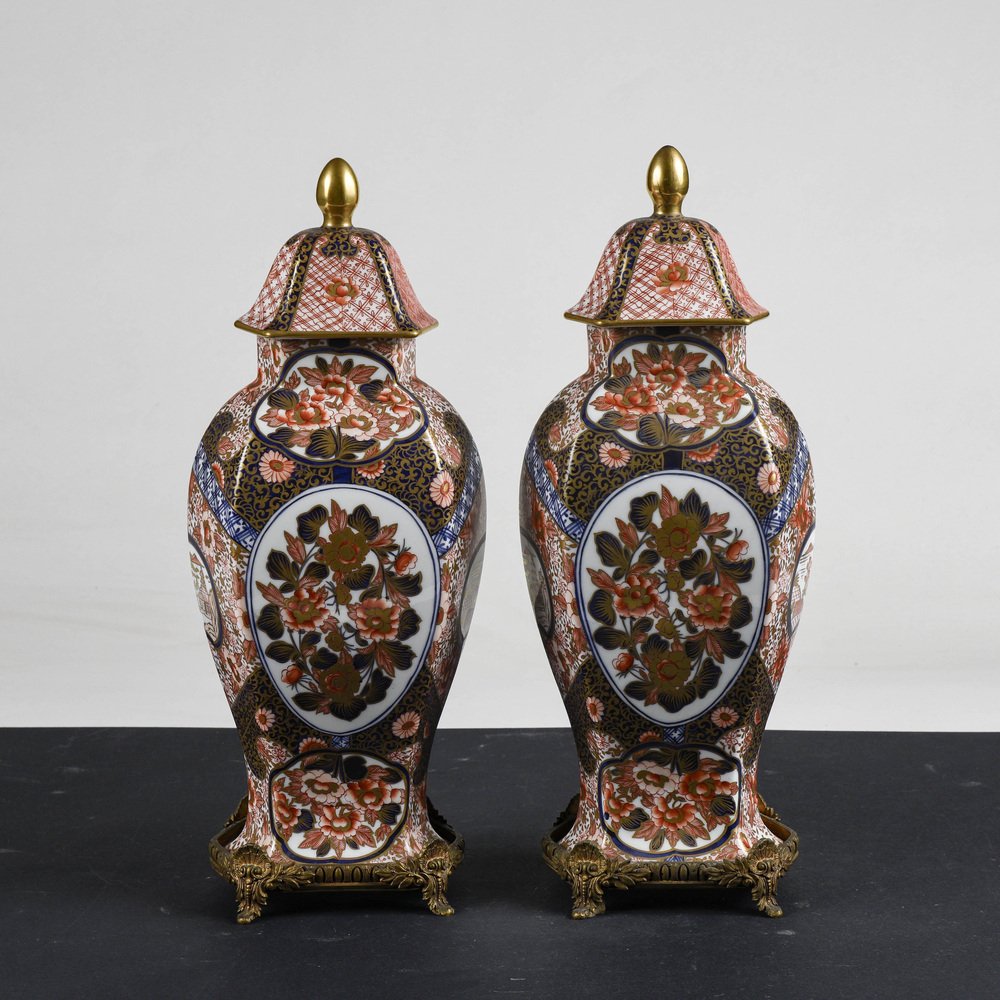 Chinese Ceramic Potiche Vases with Metal Bases, 1990, Set of 2