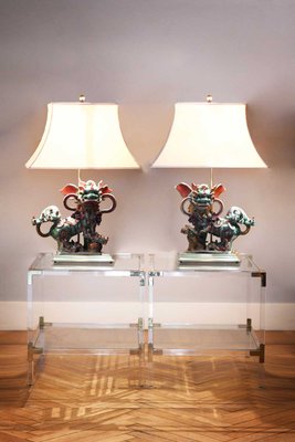 Chinese Glazed Stoneware Buddhist Lion Table Lamps on Brass Base, Villa Giuseppina, Set of 2-MNF-1311251