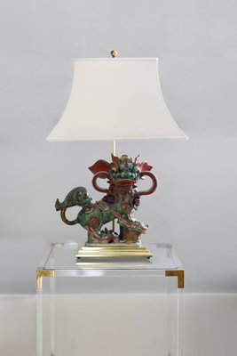 Chinese Glazed Stoneware Buddhist Lion Table Lamps on Brass Base, Villa Giuseppina, Set of 2-MNF-1311251