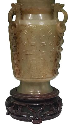 Chinese Green Jade Censer with Wooden Base Friezed with Decorations, 1920s-ZCI-751995