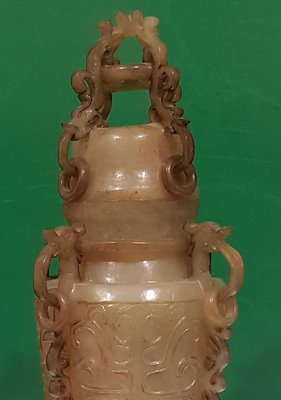 Chinese Green Jade Censer with Wooden Base Friezed with Decorations, 1920s-ZCI-751995