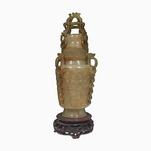 Chinese Green Jade Censer with Wooden Base Friezed with Decorations, 1920s-ZCI-751995