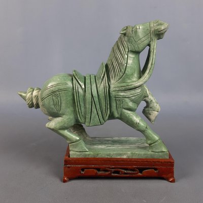 Chinese Jade Horse Sculpture on Wooden Base, 20th Century-PWG-2036746