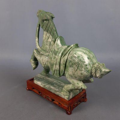 Chinese Jade Horse Sculpture on Wooden Base, 20th Century-PWG-2036746