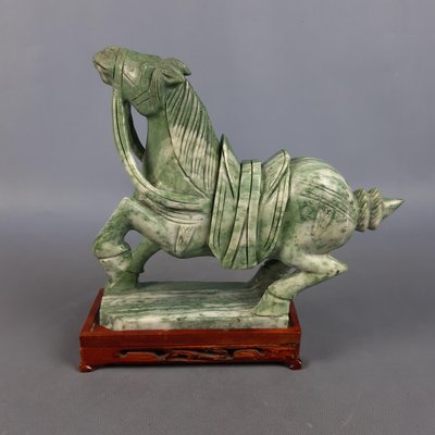 Chinese Jade Horse Sculpture on Wooden Base, 20th Century-PWG-2036746