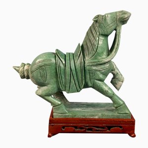 Chinese Jade Horse Sculpture on Wooden Base, 20th Century-PWG-2036746