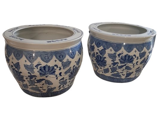 Chinese Jardiniere Porcelain with Crisantemos in Blue, 1920s, Set of 2-TCS-1175278