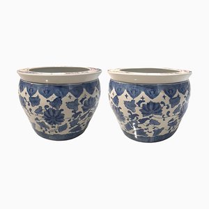 Chinese Jardiniere Porcelain with Crisantemos in Blue, 1920s, Set of 2-TCS-1175278