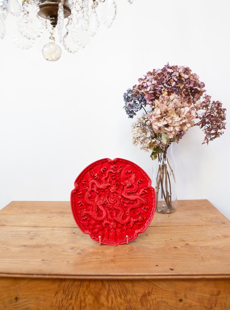 Chinese Lacquer Cinnabar Plate with Dragon