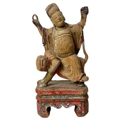 Chinese Ming Dynasty Artist, Carved Statuette of Guandi, God of War & Foo Dog, 1600s, Wood-BXG-1812723