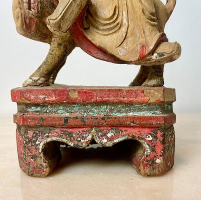 Chinese Ming Dynasty Artist, Carved Statuette of Guandi, God of War & Foo Dog, 1600s, Wood-BXG-1812723